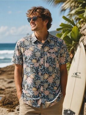 NWT O’Neill Men’s Oasis Eco Floral Button Up Shirt Black Tropical Small